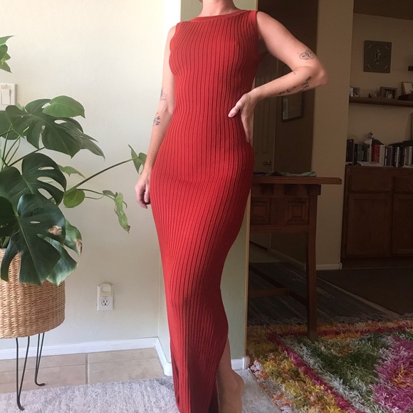 POSSE Deep Red Sleeveless Antonia Thick Ribbed Low Scoop Back Maxi Bodycon Dress - Picture 1 of 12